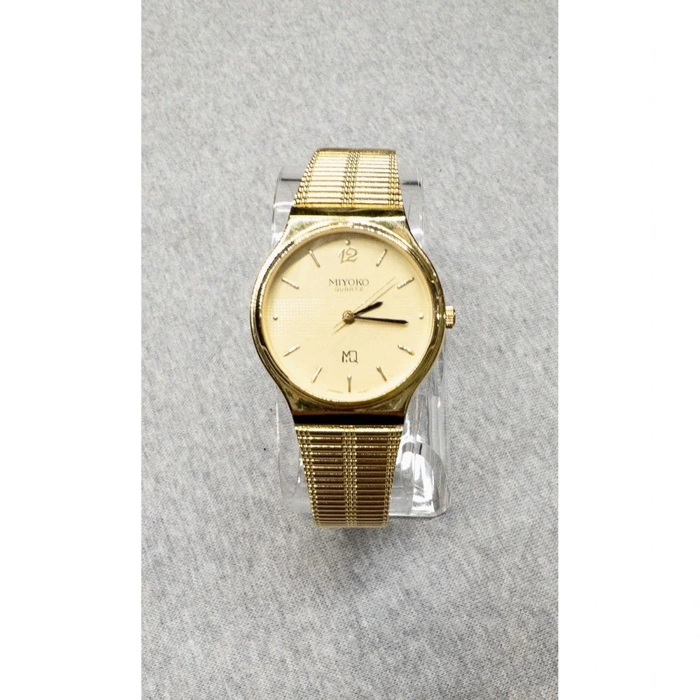 Vtg Miyoko‎ Minimalist Gold Watch 1980's 31mm Round Case Mens